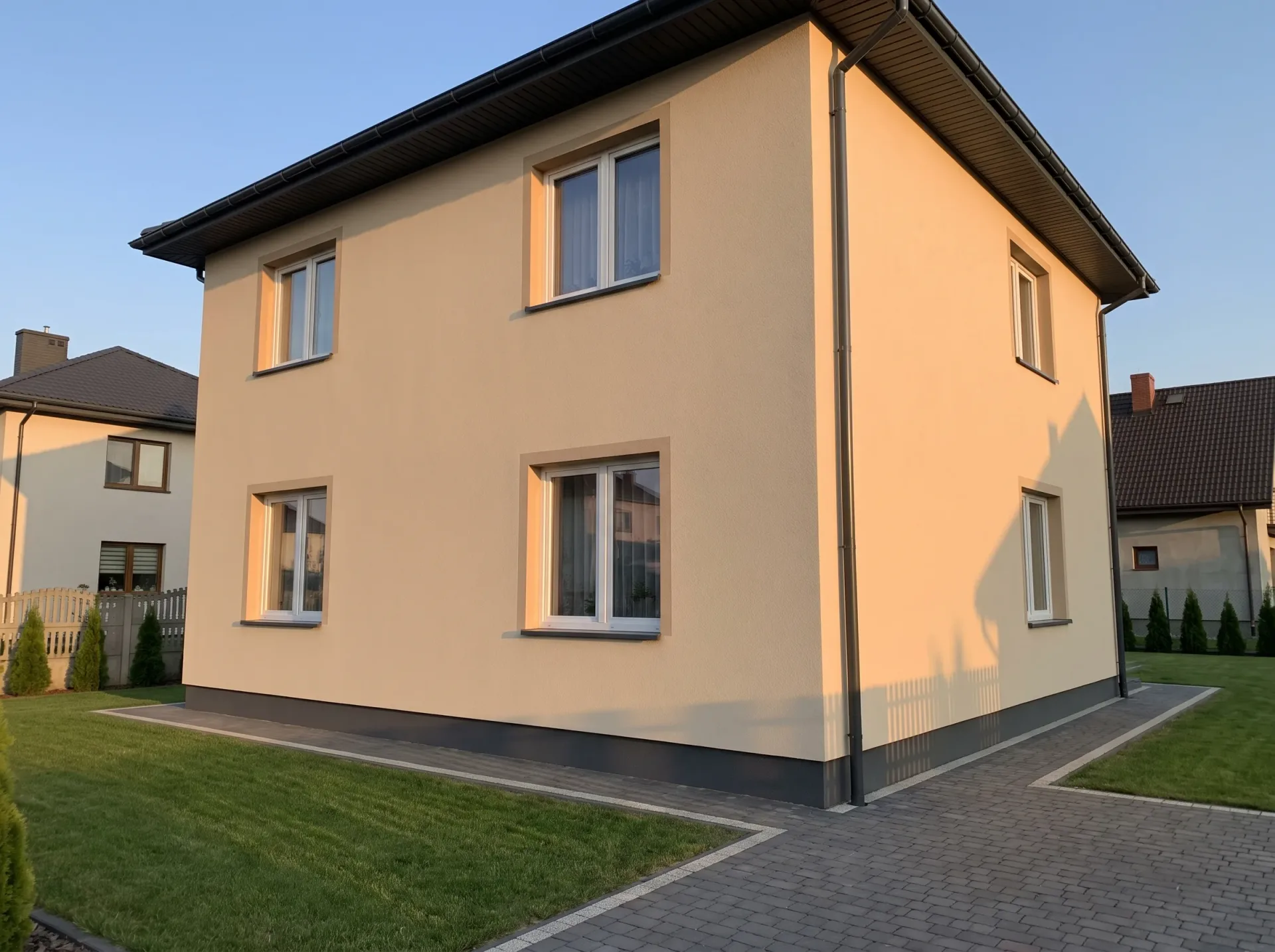 Dwupiętrowy dom z równomiernie pomalowaną beżową elewacją i oknem czarnymi ramami
