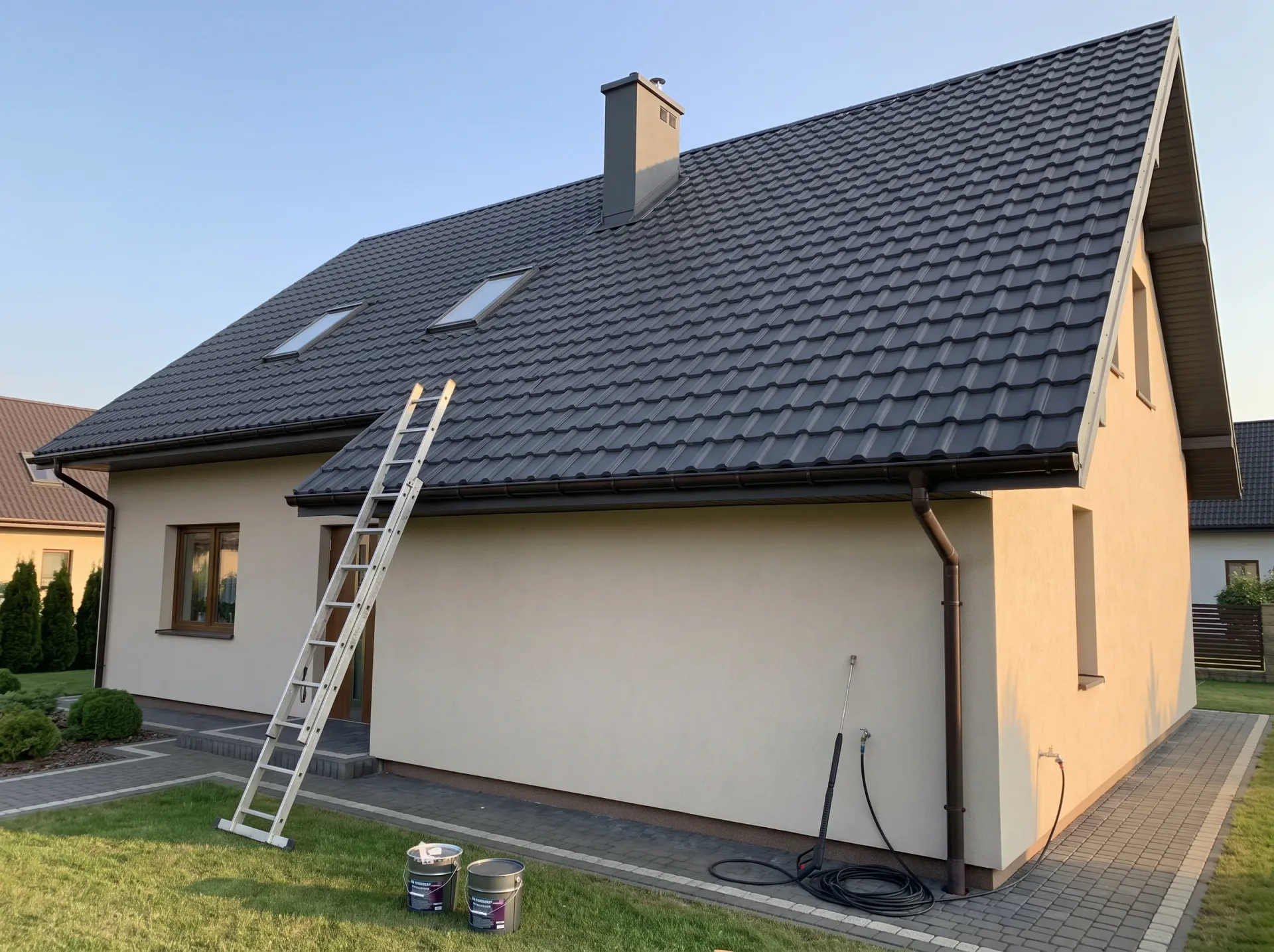 Dom z białymi ścianami i nową ciemnoszarą dachówką, drabina aluminiowa na dachu
