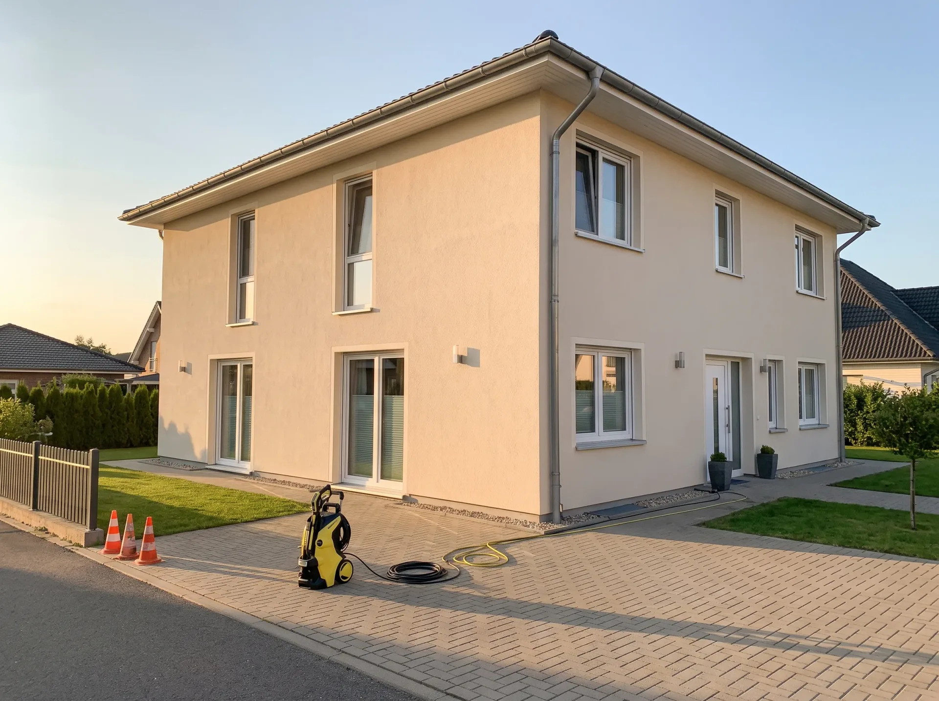 Nowoczesny dom ze świeżo pomalowaną elewacją beżu i kostką brukową