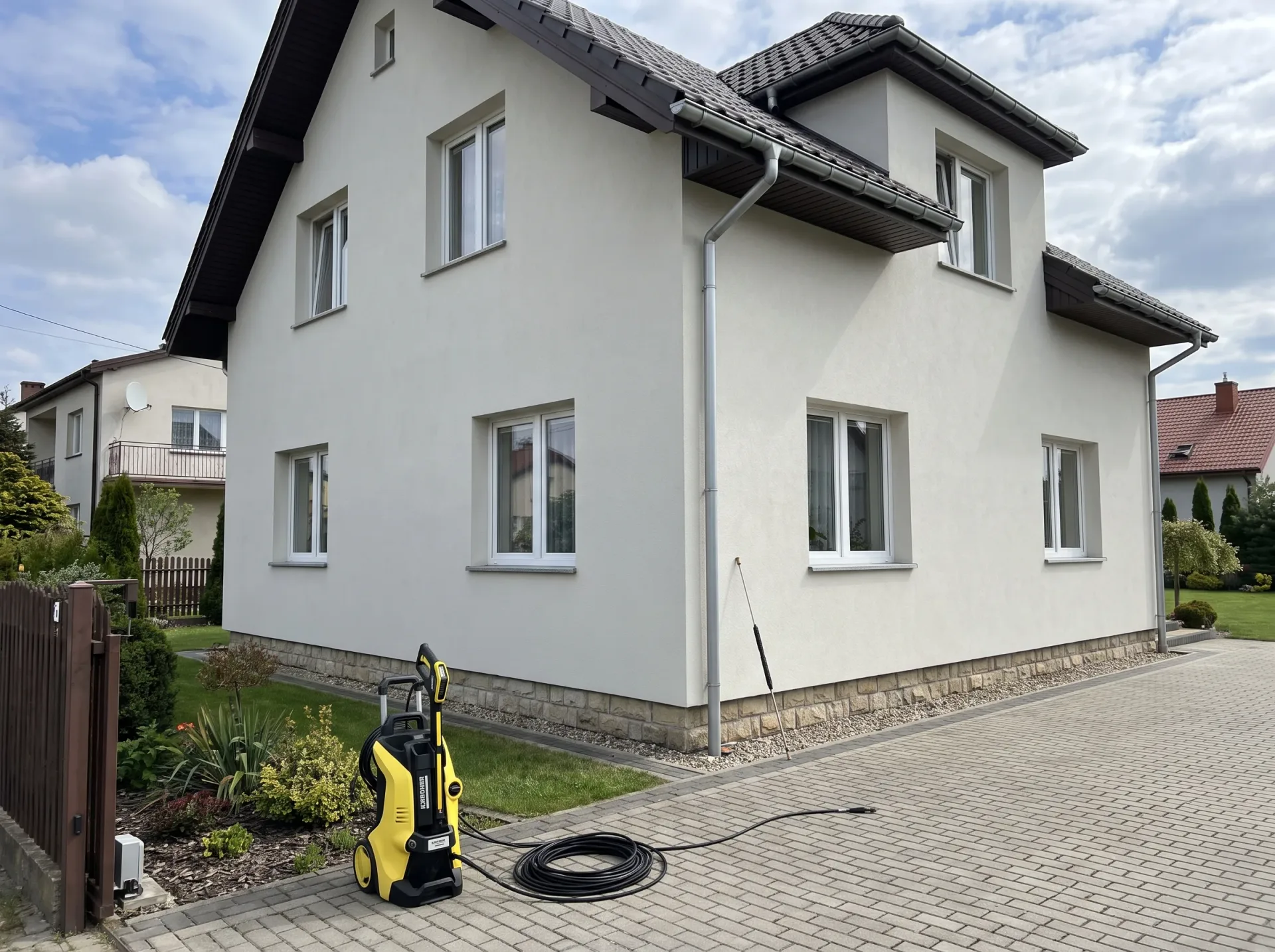 Mycie elewacji domu myjnią ciśnieniową - czyszczenie białej fasady i kostki brukowej